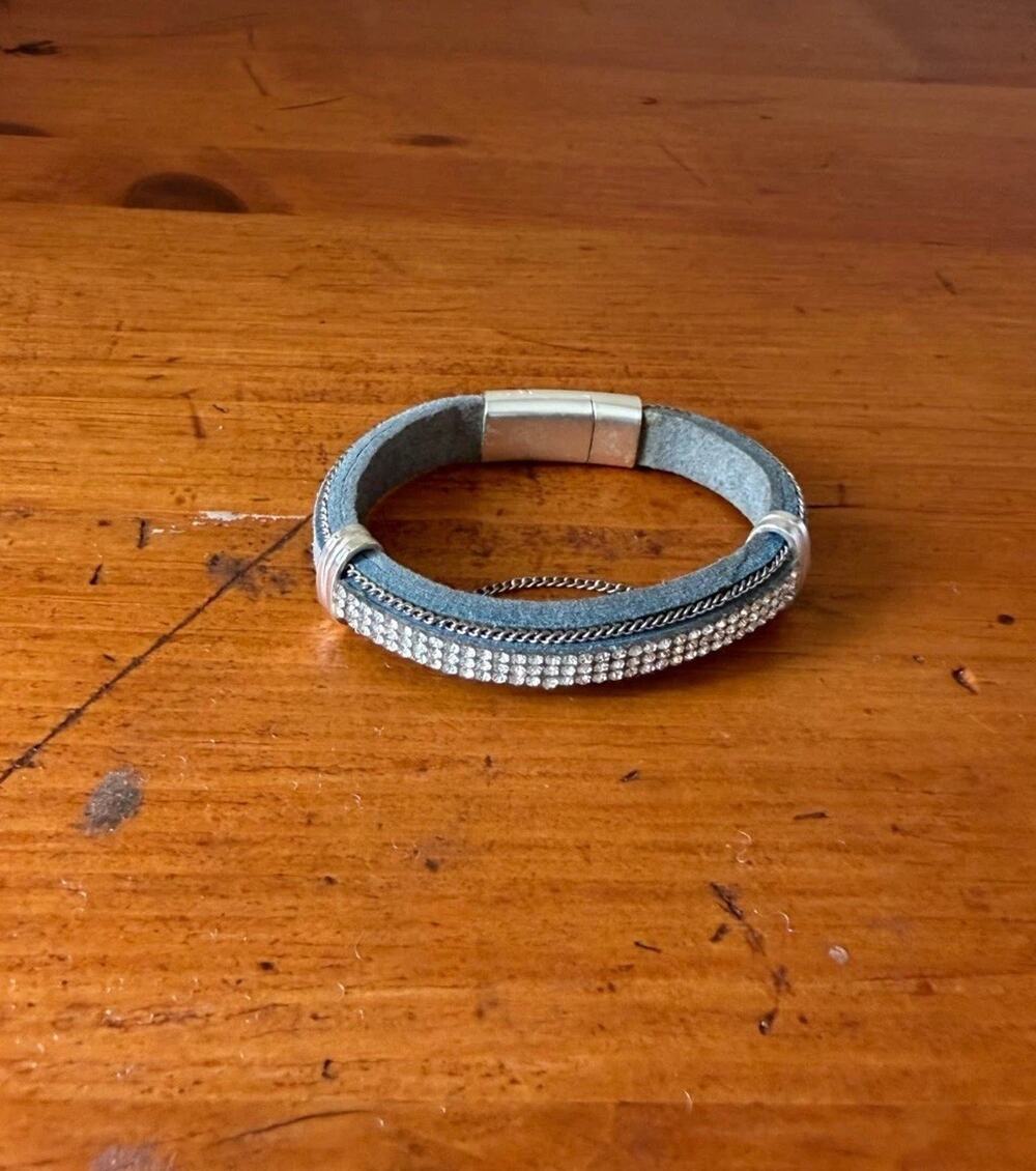 Hampton Gems Narrow Cuff Bracelet With Pave Crystals Blue Suede Magnetic Clasp